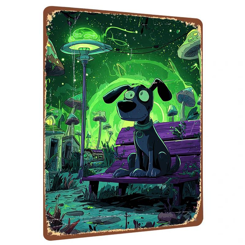 

Dream Fluorescent Forest Cartoon Black Dog Bench Metal Tin Sign Home Decor Wall Art 20x30cm（7.8x11.8inch）
