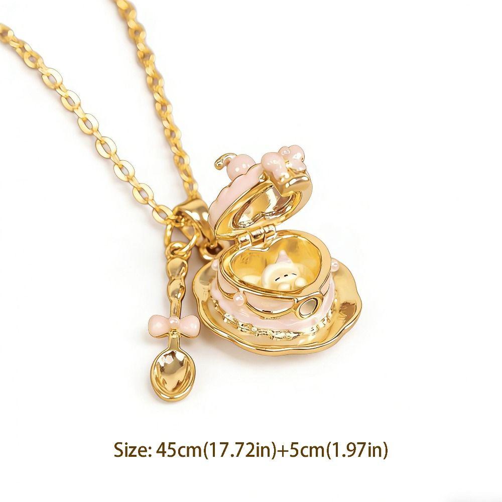 Metal Chain Teaspoon Pendant Necklace 18K Gold Plated Opening and Closing Lid Heart Enamel Necklace Copper Cup Enamel Ring