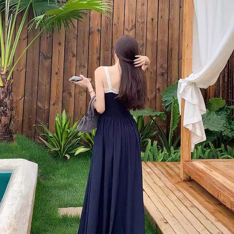 Lace Patchwork Camisole Dress with Tie-Up Waist and Pockets for Summer