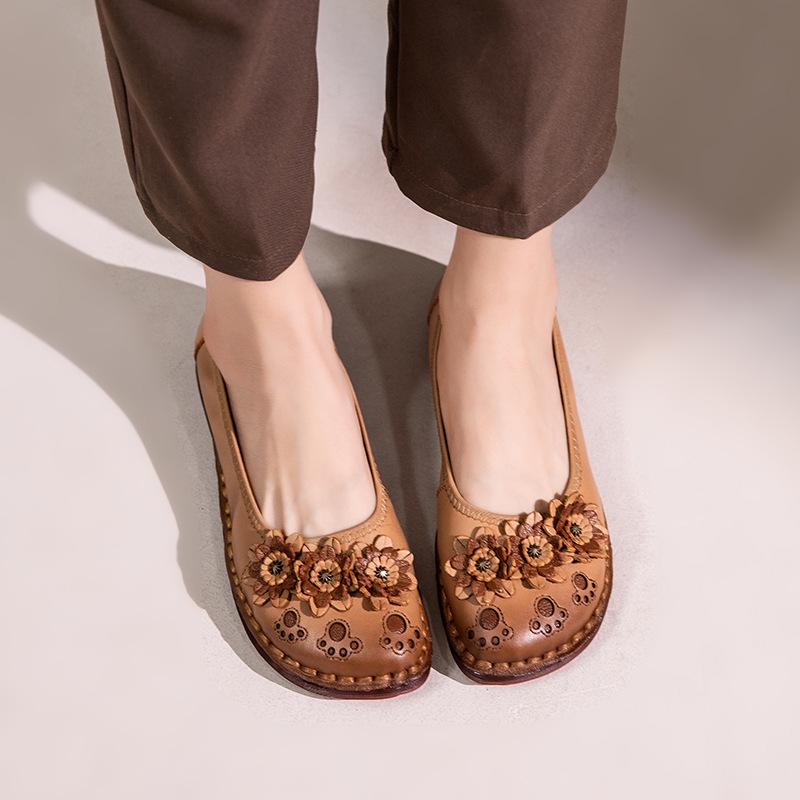 Fashion GKTINOO 2025 New Ethnic Style Genuine Leather Loafers Comfortable Soft Sole Flower Flats Round Toe Versatile Women's Shoes