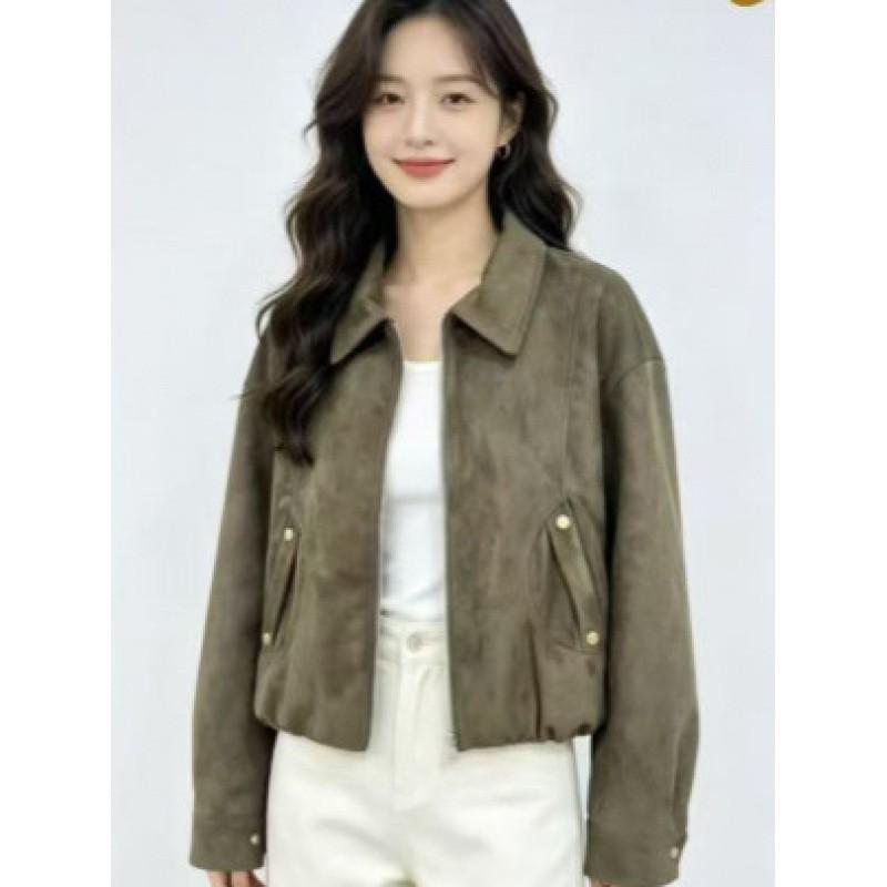 Womens Suede Velvet Short Jacket Casual Loose Fit Moto Style Cardigan In Khaki Coffee Olive
