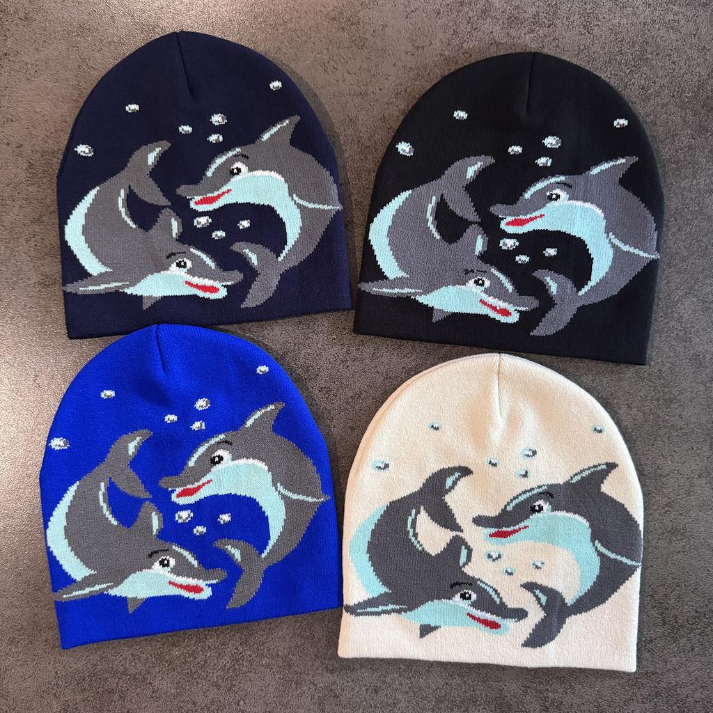 Acrylic Knit Hat With Cartoon Dolphin Embroidery Design For Daily Seasons Cold