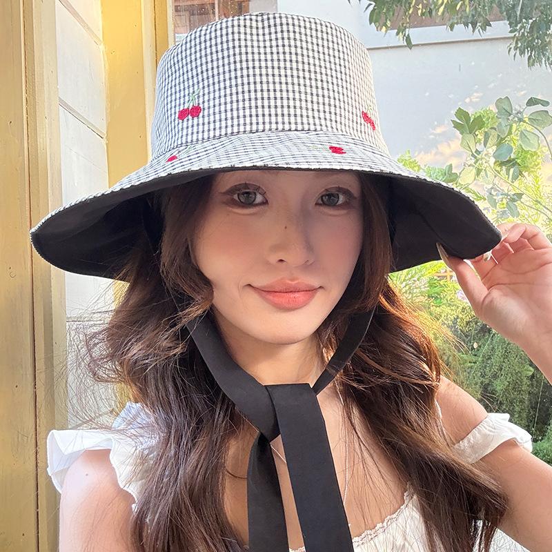 New Retro Plaid Fisherman Hat Woman's Spring And Summer Sunshade Sunscreen Basin Caps Versatile Star Embroidered Large Eave Hats