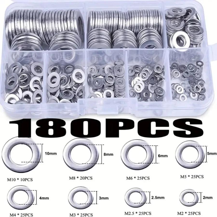Stainless Steel Flat Washer Set with Storage Box - O-Ring Fastening Washer, Polished Surface, M2-M10 Size, Easy to Ins