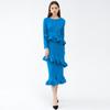 Women's 2025 Spring Miyake Ruffled Long-Sleeve Lace-Up Dress, Medium-Length, Slim Fit, Pleated Bottom Skirt.