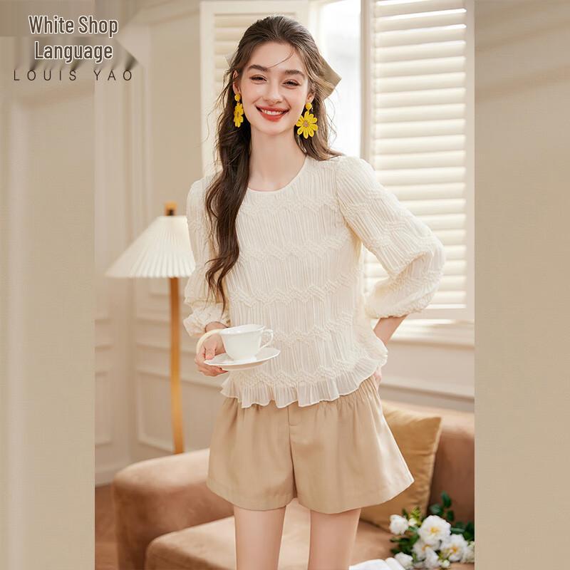 Bailuyu Women s Ruffled Hem Round Neck Smocked Blouse L