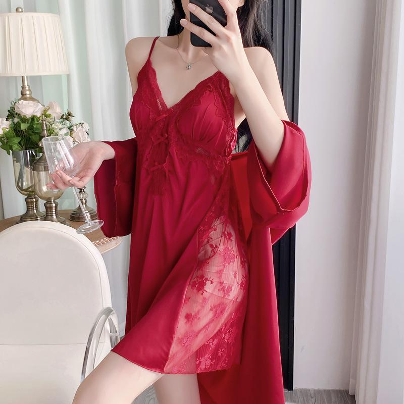 Ice and Snow Silk Women's Sexy Nightgown Two-piece Set Suspender Nightdress Thin Summer Ice Silk Pajamas Loungewear with Chest Pad