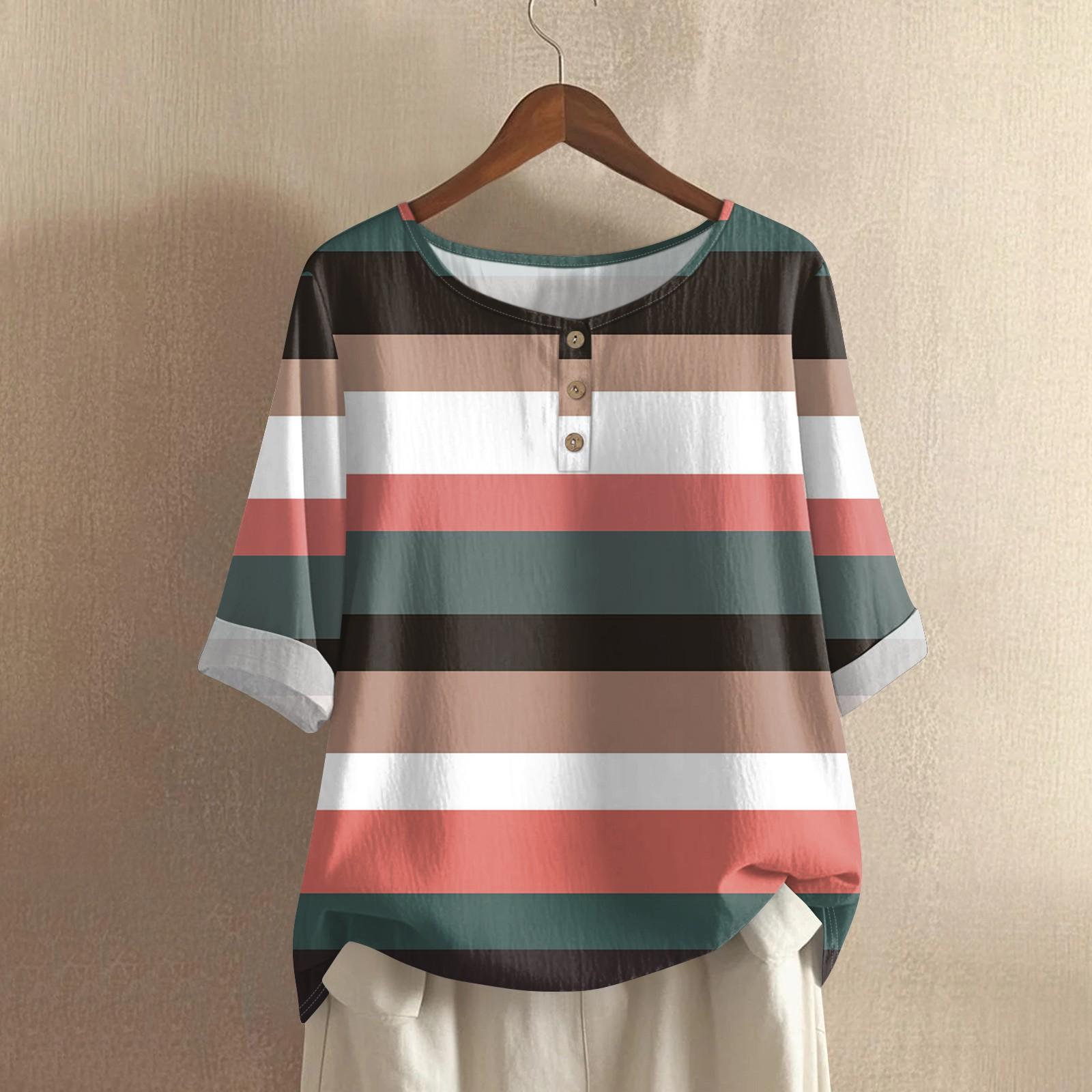 

Women s Fashionable And Casual Shirt Half-sleeve Round Neck Print Cotton And Linen Blouse Top L бежевий