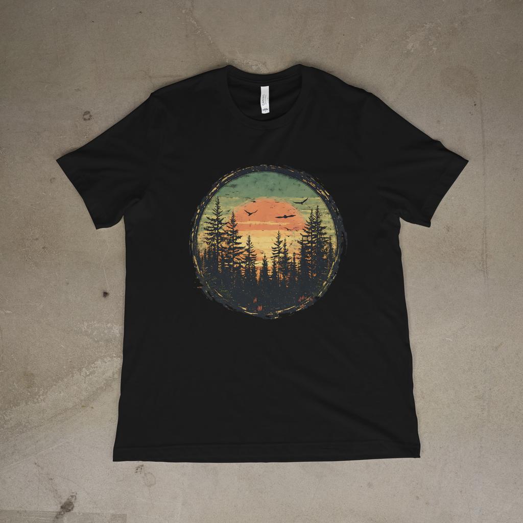 Vintage Sunset Forest Nature T-Shirt, Retro Outdoor Mountain Tee