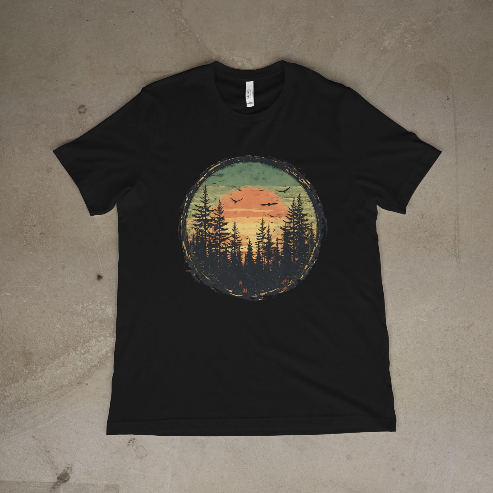 Vintage Sunset Forest Nature T-Shirt, Retro Outdoor Mountain Tee XXXXL