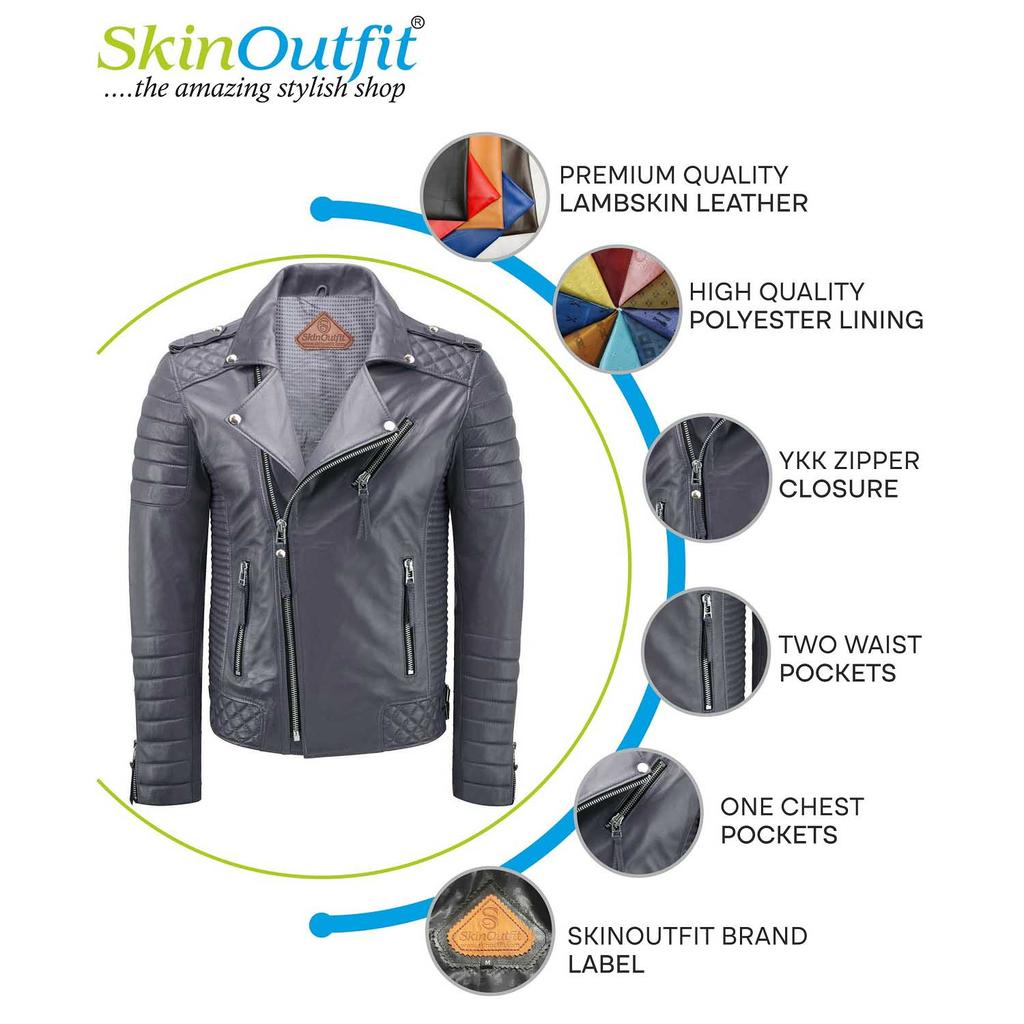 SKINOUTFIT Men's Motorcycle Leather Jacket Genuine Gray Lambskin Café Racer Biker Outerwear