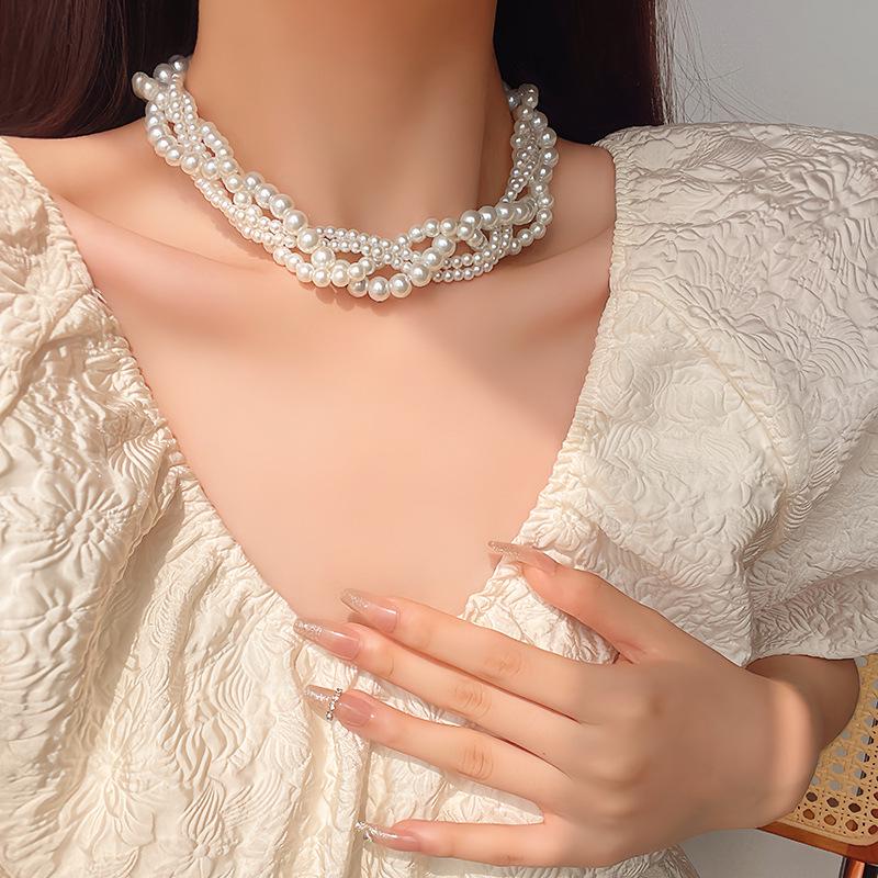 Twisted Layered Pearl Choker Necklace for Women - Elegant Korean Style Sweater Chain.