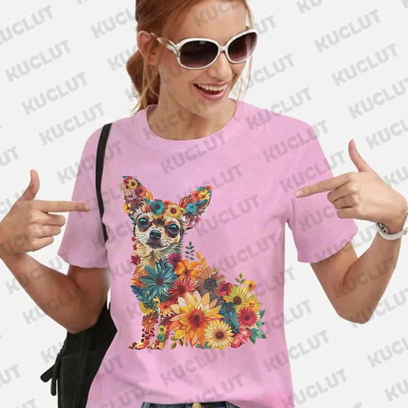 Dámské tričko s květinovým vzorem a čivavou, módní halenka s krátkým rukávem, Harajuku Ulzzang letní Y2k topy, dámské estetické oblečení