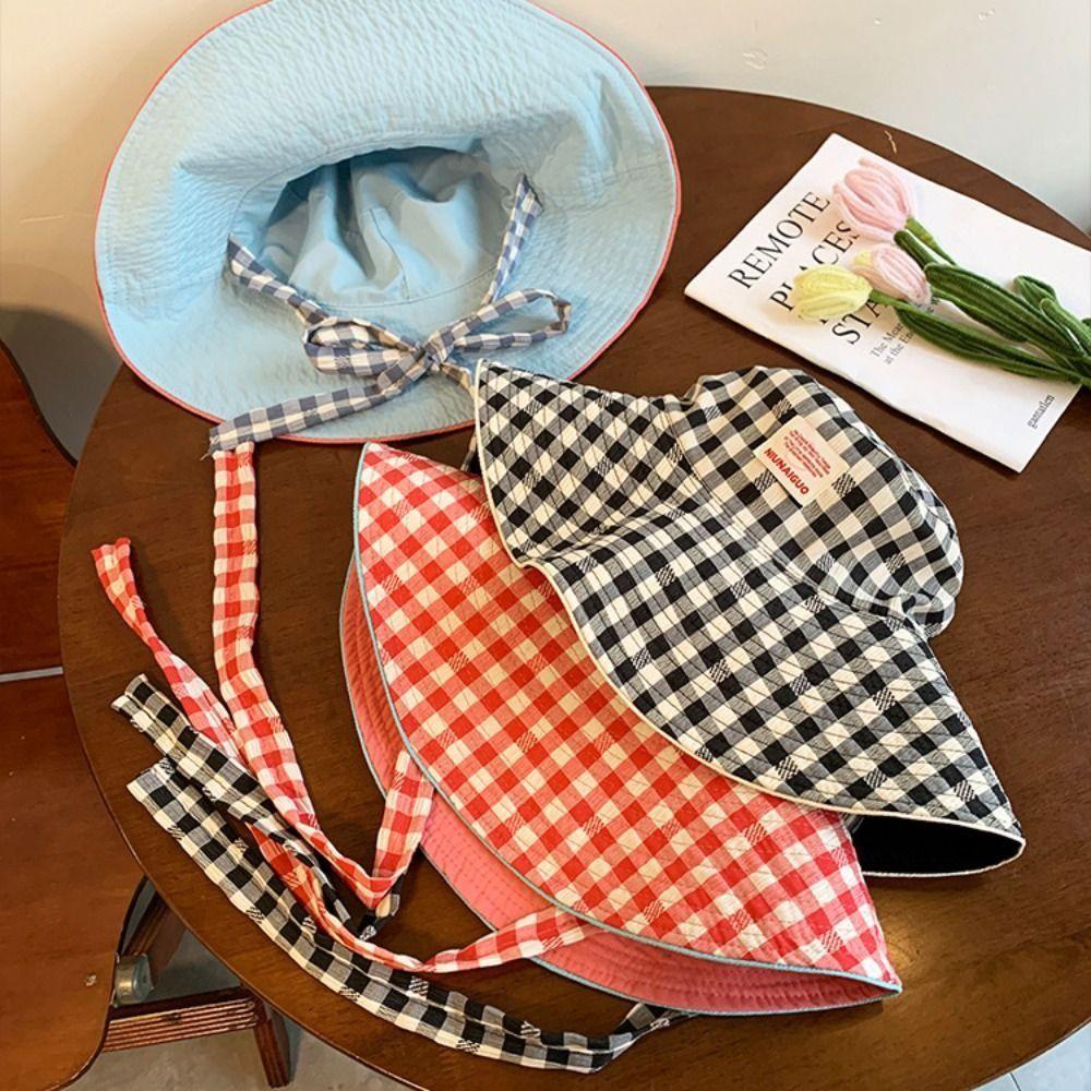 Summer Sunscreen Hat Two-sided Fisherman Caps Korean Plaid Bucket Cap  Travel