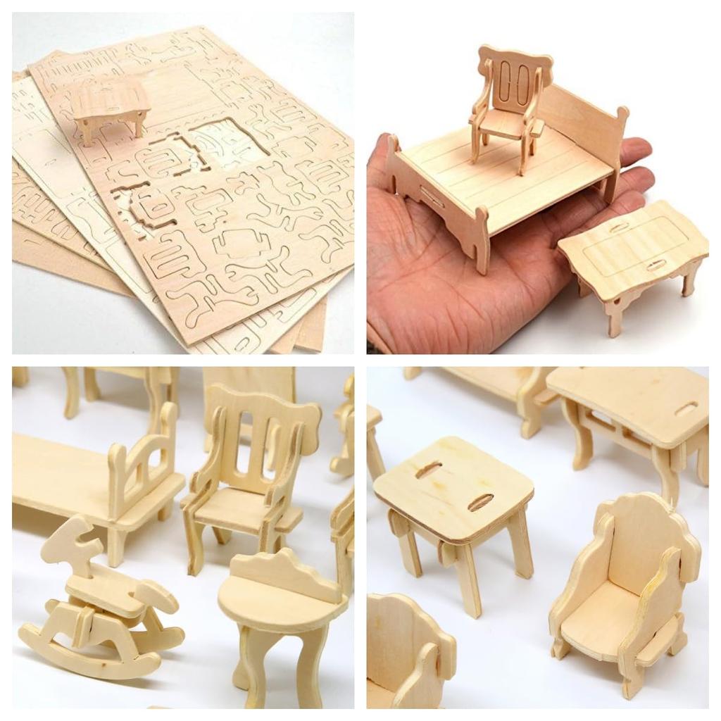 CUTEROOM Dollhouse Miniature Furniture 34-Piece Laser-Cut Wooden 3D Puzzle for Kids Educational Toy