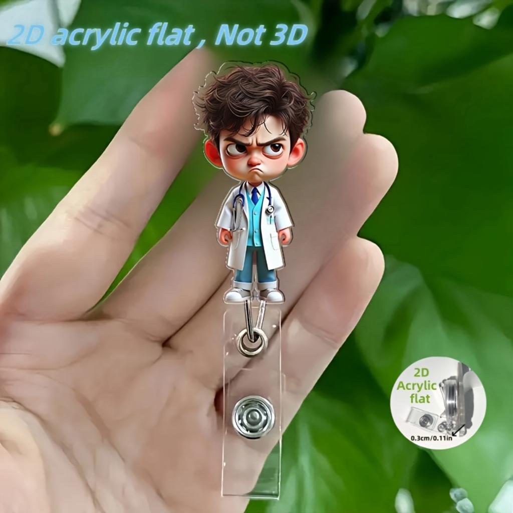 2D Flat Acrylic Unhappy Doctor Retractable Badge Reel, Multifunctional Work ID Holder, Lovely Gift For Teacher Nurse Doctor Student And Office Staff