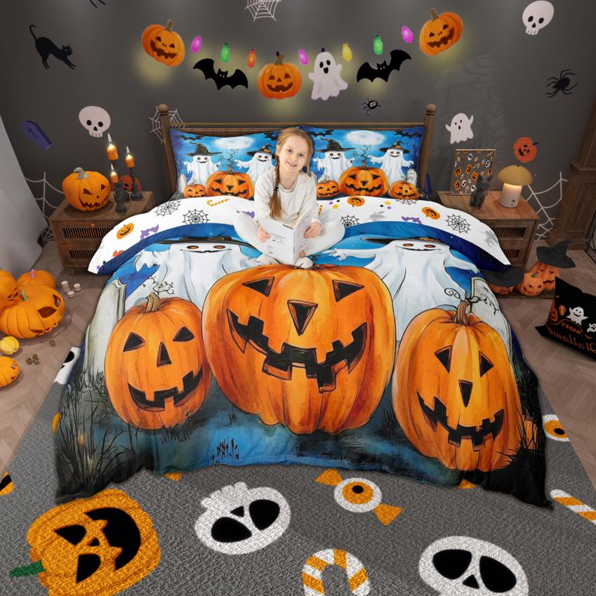 Homewish Cartoon Spooky Animal Duvet Cover Set Happy Halloween Theme Bedding Set Pumpkin Bat Ghost Quilt Cover Set Room Decor