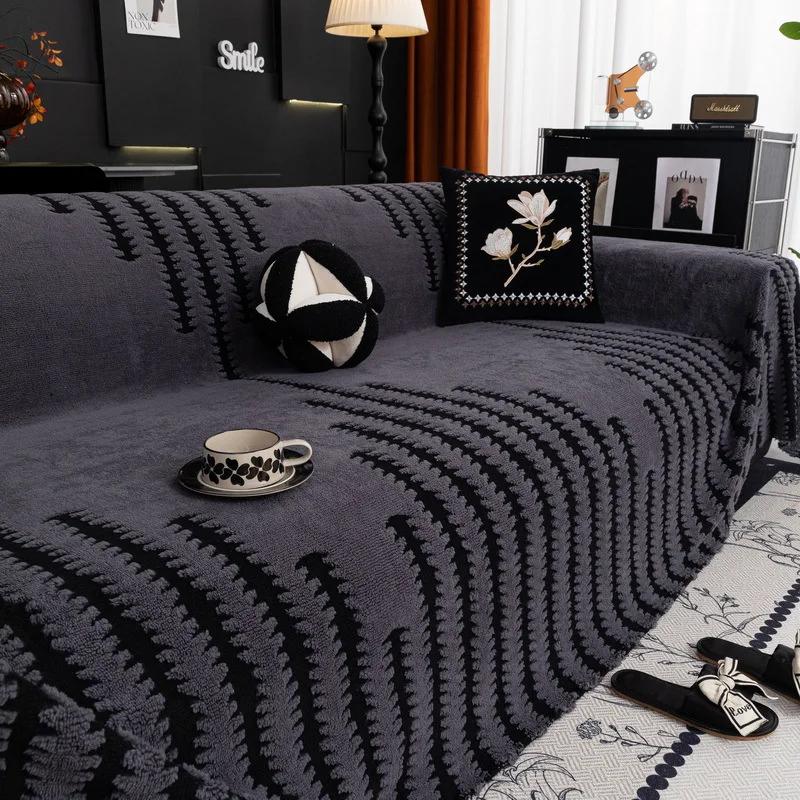 1pc Plush Sofa Cover - Modern Black & White Geometric Pattern,it for 1/2/3/4-Seater & Sectional Sofas - Luxury Living Room Decor