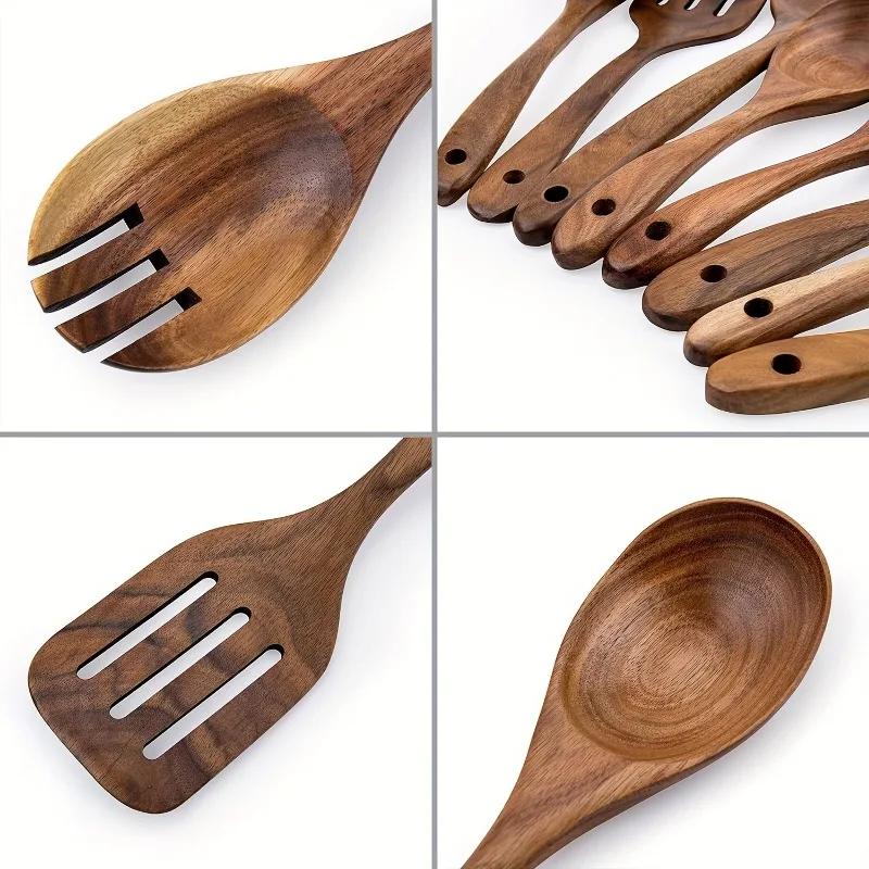 Durable Wooden Kitchen Utensil Set 8pcs - Anti-Scald Non-Stick Cooking Tools Multi-Purpose Wood Spoons And Spatulas Cookware Kit