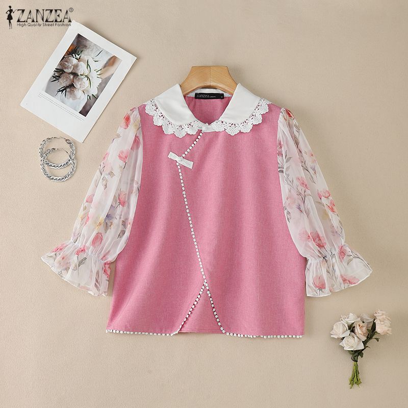 ZANZEA Women Lace Splice Doll Collar Casual Floral Print Half Sleeve Blouse