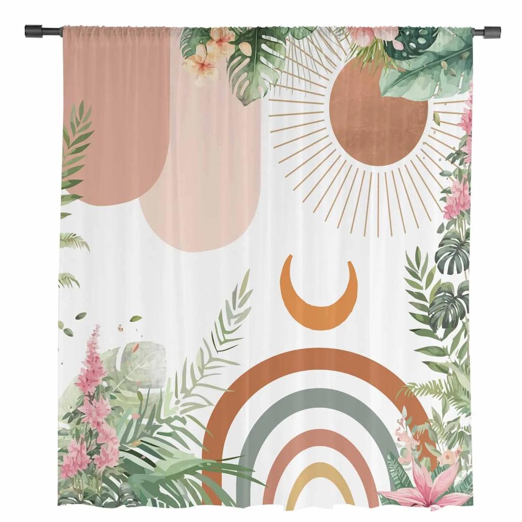Boho Geometric Abstract Leaves Sheer Curtains For Living Room Kitchen Window Curtains Bedroom Tulle Voile Curtains