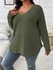 Women's V-neck Long-sleeved Ribbed Brushed T-shirt Loose Pullover Sweater