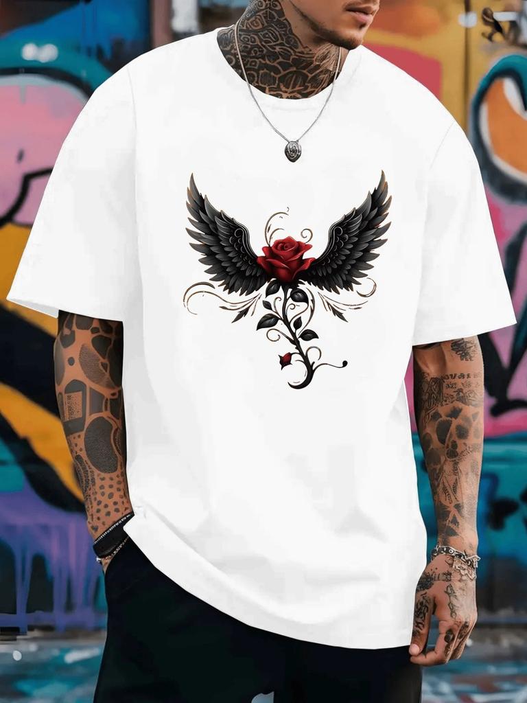 Black Wing Rose Dark Style Double-Sided Print Men'S Fashion Trendy Short Sleeves