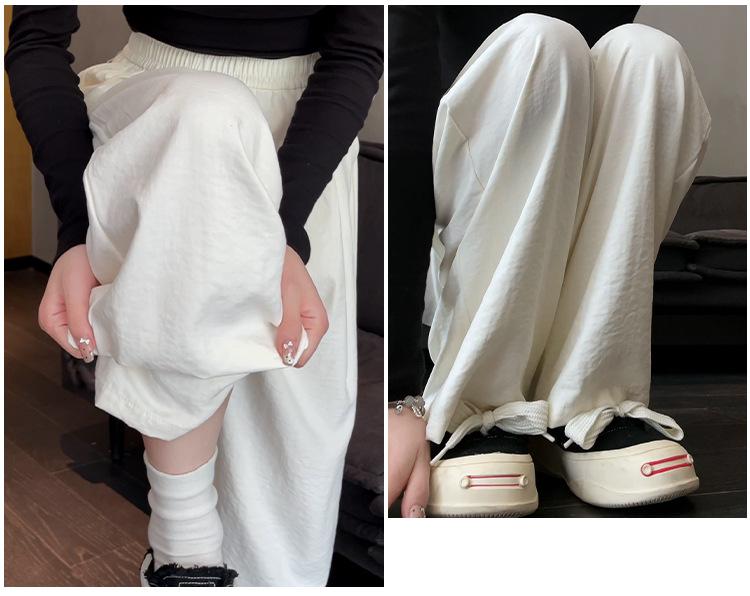 Women's Summer 2024 Ice Silk Wide-Leg Pants - White Textured Casual Petite Style
