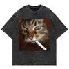 Cotton Vintage Washed Yk Funny Smoking Cat  New Summer T Shirt Fashion Men Cool Cat Joke Acid Wash Tees Shirts