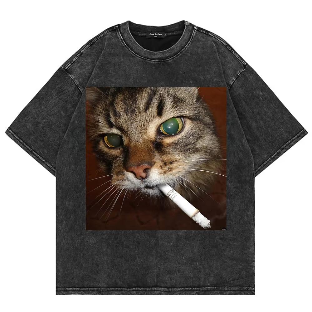 Cotton Vintage Washed Yk Funny Smoking Cat New Summer T Shirt Fashion Men Cool Cat Joke Acid Wash Tees Shirts