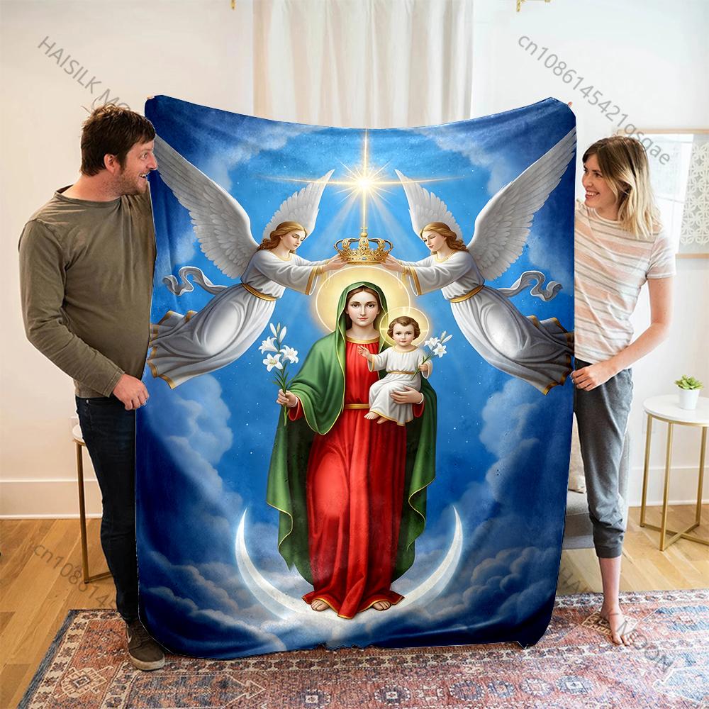 1PC Virgin Mary Crowned by Angels Print Believer Pray Blanket Warm Soft Flannel Material Suitable for All Seasons Luxurious Gift