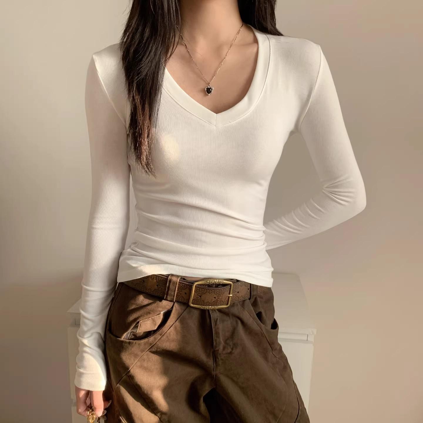 

Women s V-Neck Slim Fit Long Sleeve Retro White Base Layer Shirt - Petite, Pure Cotton, Spring/Autumn Wear S (below 45kg)