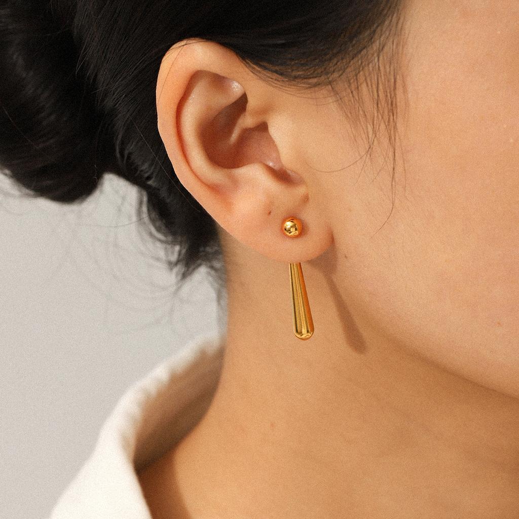 Simple Long Drop Titanium Steel Earrings Versatile Gold Bead Stud Earring Jewelry