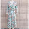 Boho Floral Print Long Dress Elegant Deep V Neck Long Sleeve High Split Swing Dress with Belt Women Beach Dresses Sexy