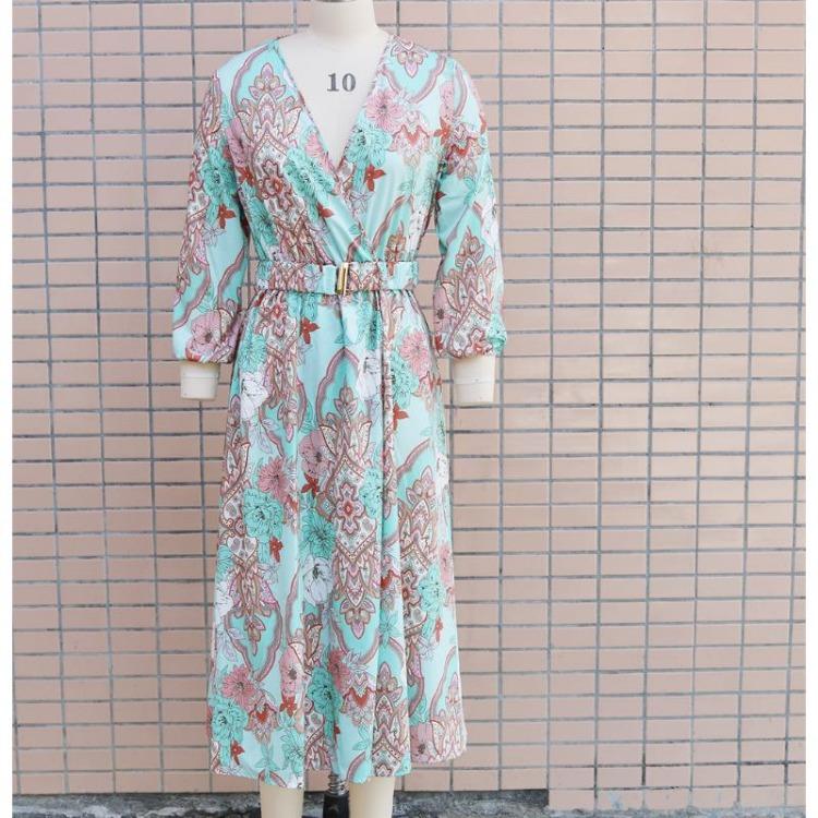 Boho Floral Print Long Dress Elegant Deep V Neck Long Sleeve High Split Swing Dress with Belt Women Beach Dresses Sexy