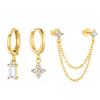 3PCS New Fashion Four Zircon Flower Hoop Earring Set For Women Stainless Steel Double Stud Chain Tassel Huggie Piercing Jewelry