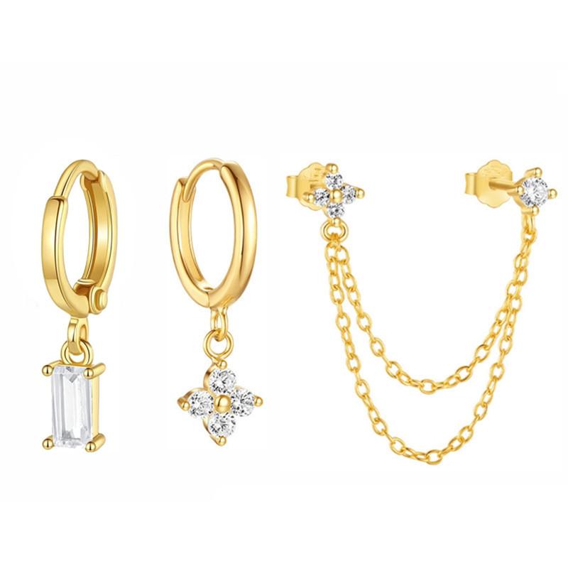 3PCS New Fashion Four Zircon Flower Hoop Earring Set For Women Stainless Steel Double Stud Chain Tassel Huggie Piercing Jewelry
