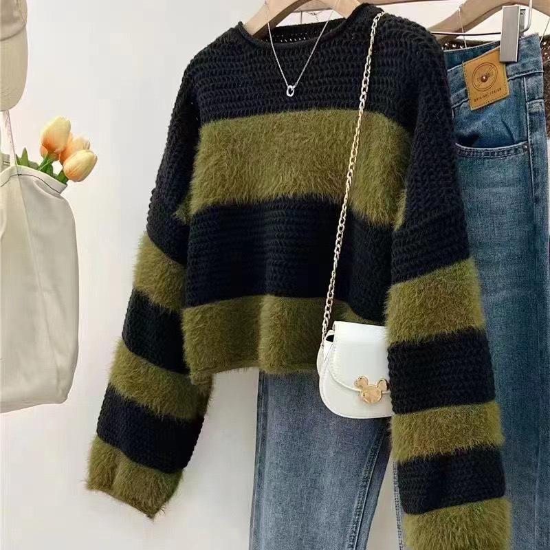 Contrasting stripes soft waxy new design loose knitted top autumn knitted pullover sweater women