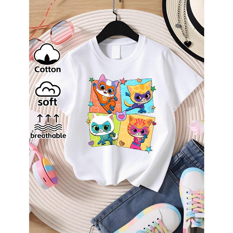 European Sizes Super Cat Heroes Adventure Girls T-Shirt Soft & Comfortable Everyday Top, Suitable for Home, Outdoor, and Sports Activities