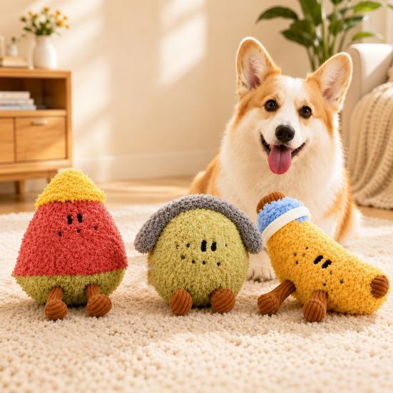 Teeth Grinding Toys for Puppies Plush Fruit Dog Toy with Bell, Squeaky Interactive Chew Toy, Shape Pet Soft Stuffed Small To Medium Dogs