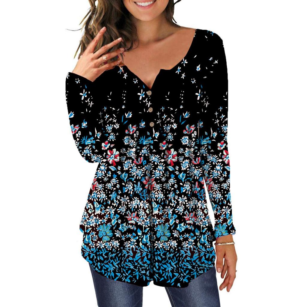 Modisches Damen-Oberteil mit Rundhalsausschnitt, bedruckten Knöpfen, langen Ärmeln und asymmetrischem Saum