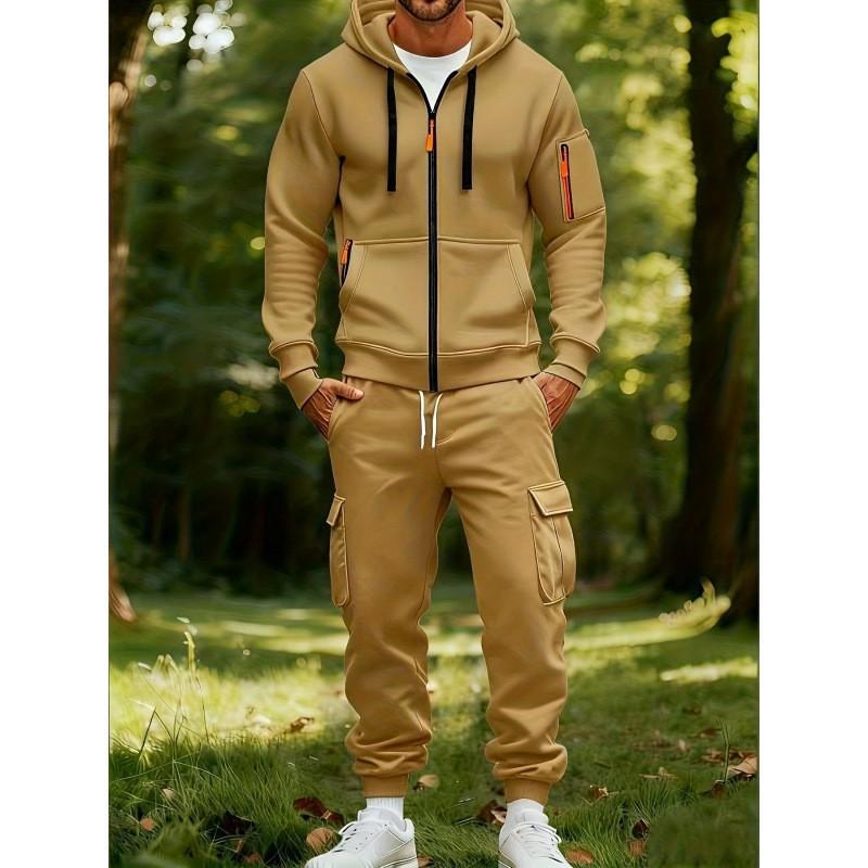 Mens Hoodie Sweatshirt Set Fleece Cargo Pants 2 Piece Casual Sportswear