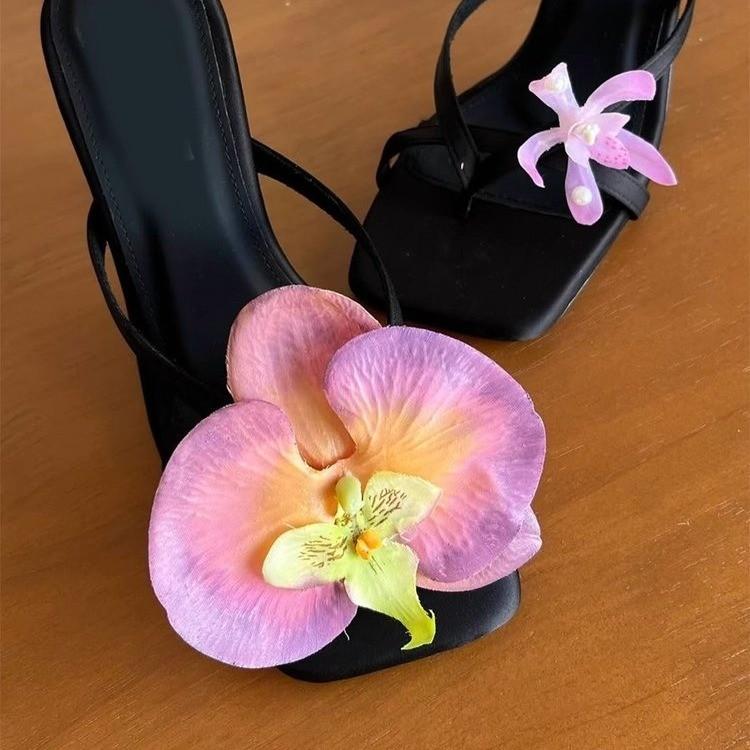 Aphixta High Heels Woman Mules Flip Flops Flower Summer High Heeled Women White Pink Floral Heels Square Toe Prom Slipper