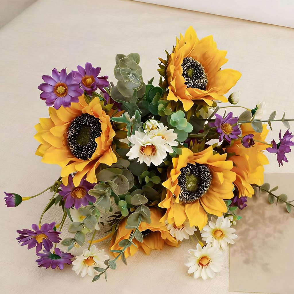 Artificial Flowers Bouquet Silk Floral Arrangements for Home Kitchen Office Table Centerpieces Wedding Party Sunflower