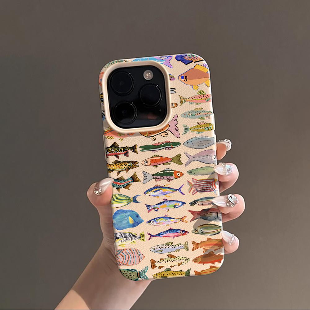 Cute Fish School Pattern Lychee Soft Phone Case For iPhone 17 16 15 14 13 12 11 Pro Max Air 15 16 Plus X XR XS Shockproof Cover