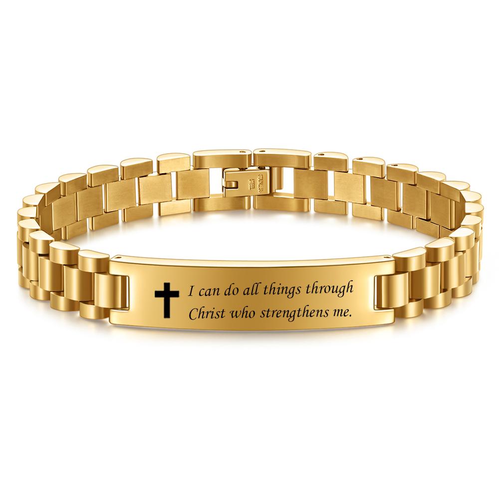 10MM Engraved Cross Bracelet, Men's Stainless Steel Scripture Curved Plate Bracelet
