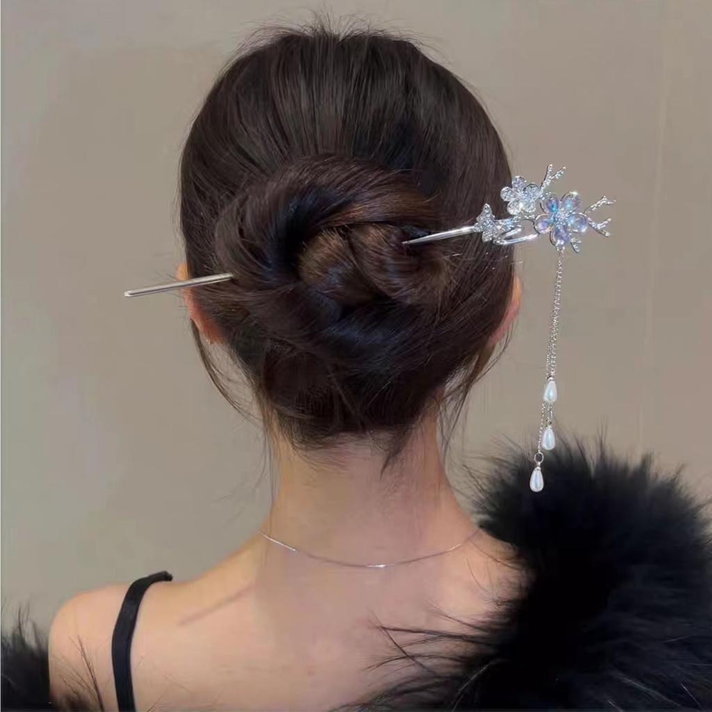 Woman Elegant Hair Jewelry Shiny Rhinestone Flower Butterfly Headpiece Pearls Pendant Hair Pin Silver Color Alloy Hair Sticks