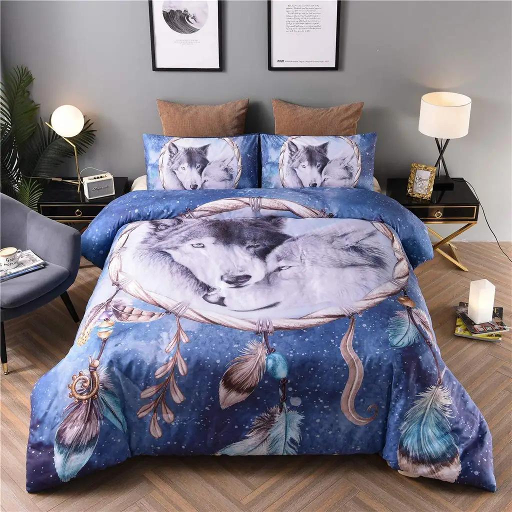 Wolves Dreamcatcher Duvet Cover Set, Animal Prints Queen Size Comforter Cover, Dreamlike Vintage Feather Wolf Bedding 3pcs Sets