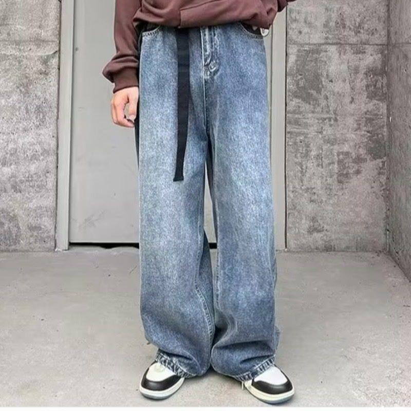 JYL Men's Straight Jeans American Vintage Belted Loose Wide-Leg Dad Denim