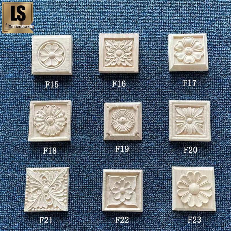European Style Rubberwood Relief Carved Square Applique: Solid Wood Flower Design for Door, Table, and Cabinet Decor.
